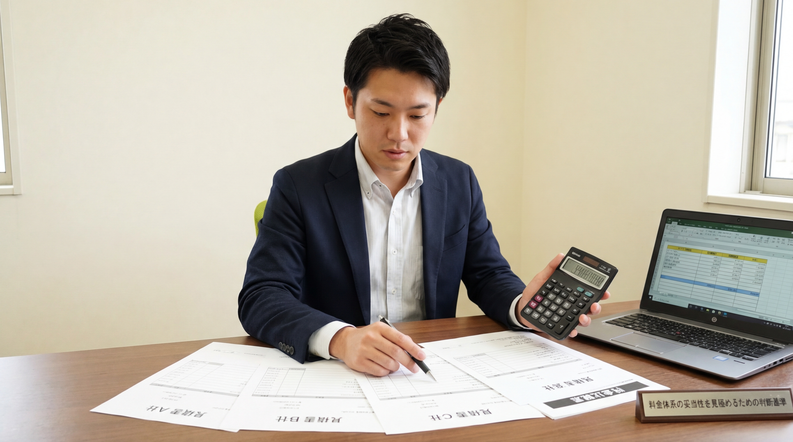 見積書を比較検討する園の事務担当者の作業風景