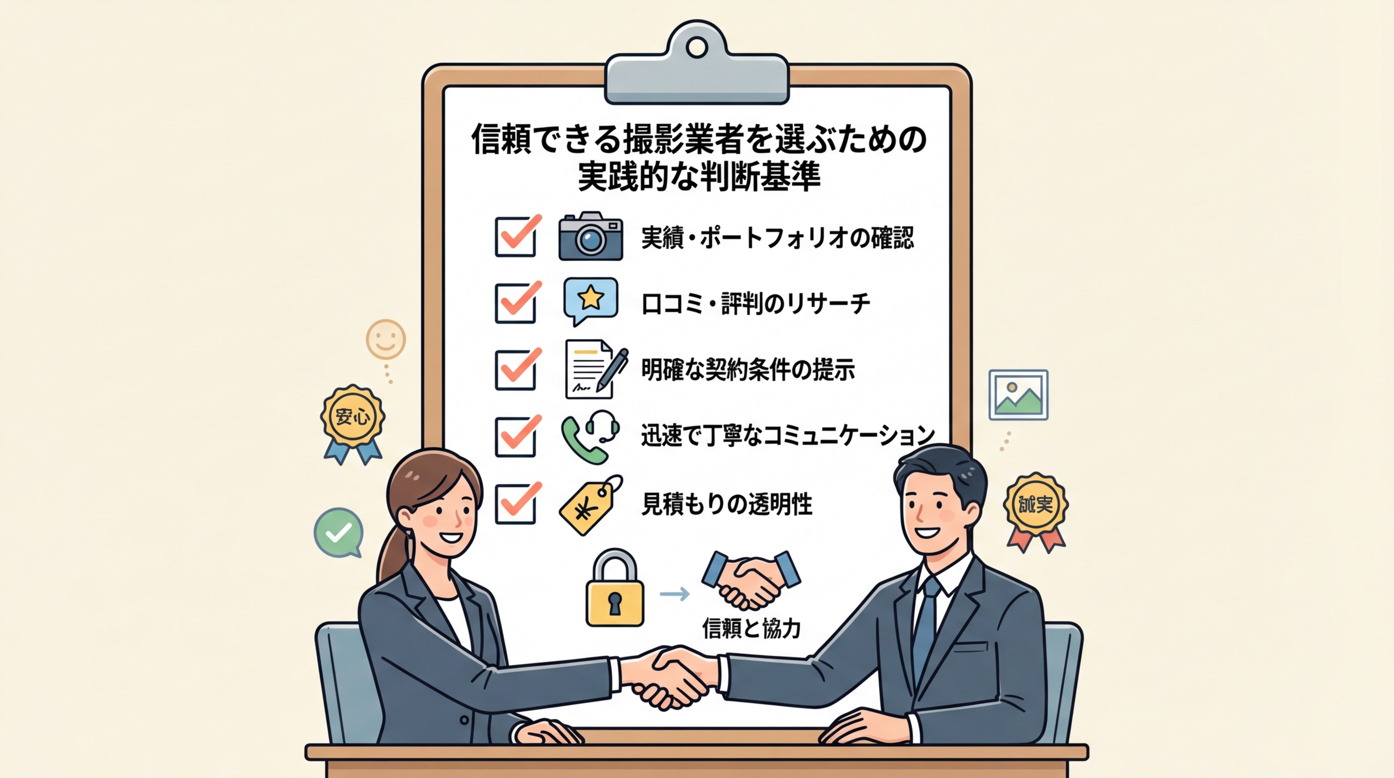 信頼できる撮影業者の特徴をアイコンで表現したチェックリスト風イラスト
