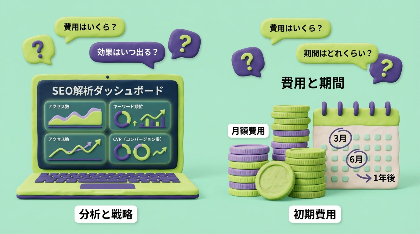 SEO対策の費用と期間をQ&A形式で整理。無料ツール画面とコスト比較のイメージ