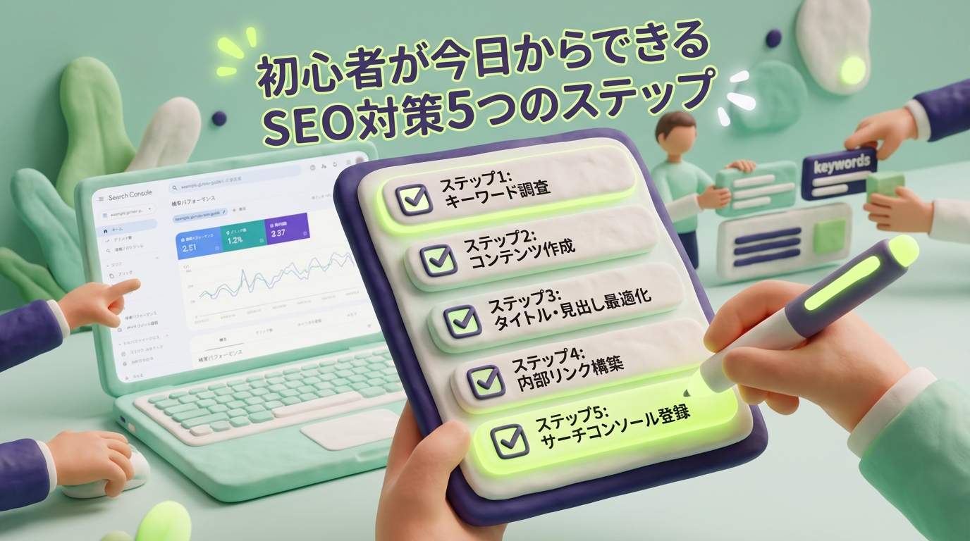 初心者がSEO対策の5ステップに取り組むチェックリスト形式のシーン