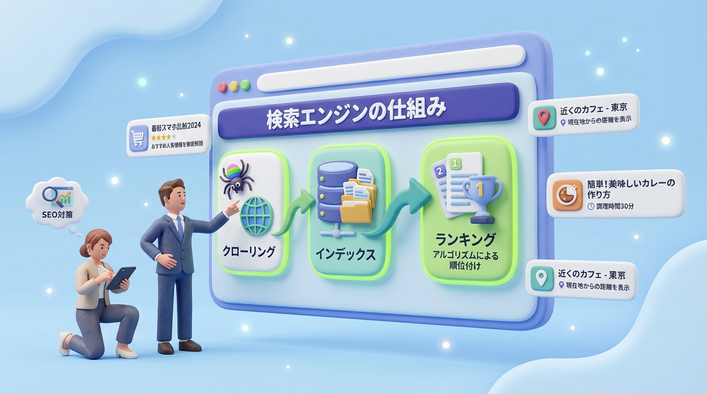 Google検索順位の決まり方を人物が検索画面で確認しているシーン