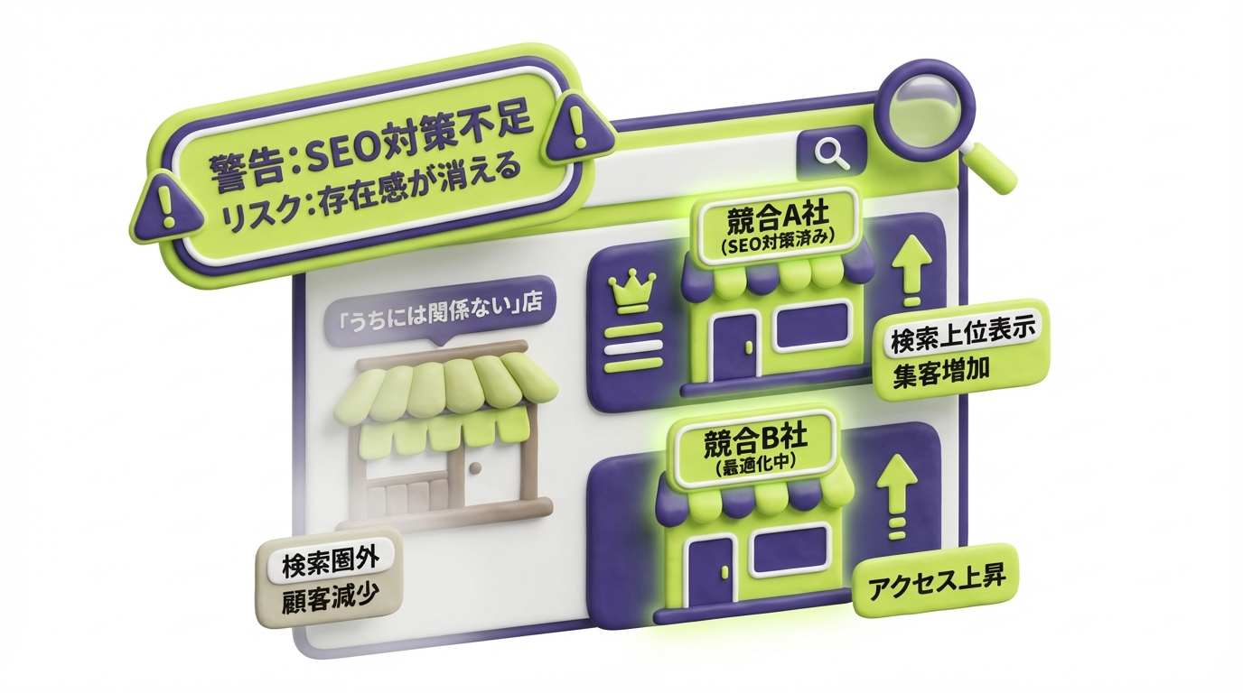 SEO対策をしないリスクを警告シーンとして表現。検索結果から消えるWebサイトのイメージ