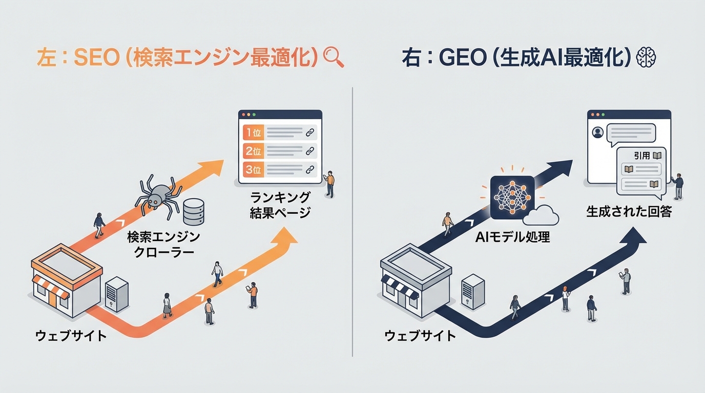 Schematic comparison diagram showing the flow differences between traditional SEO optimization targeting search engine rankings versus GEO optimization targeting AI citation and referencing