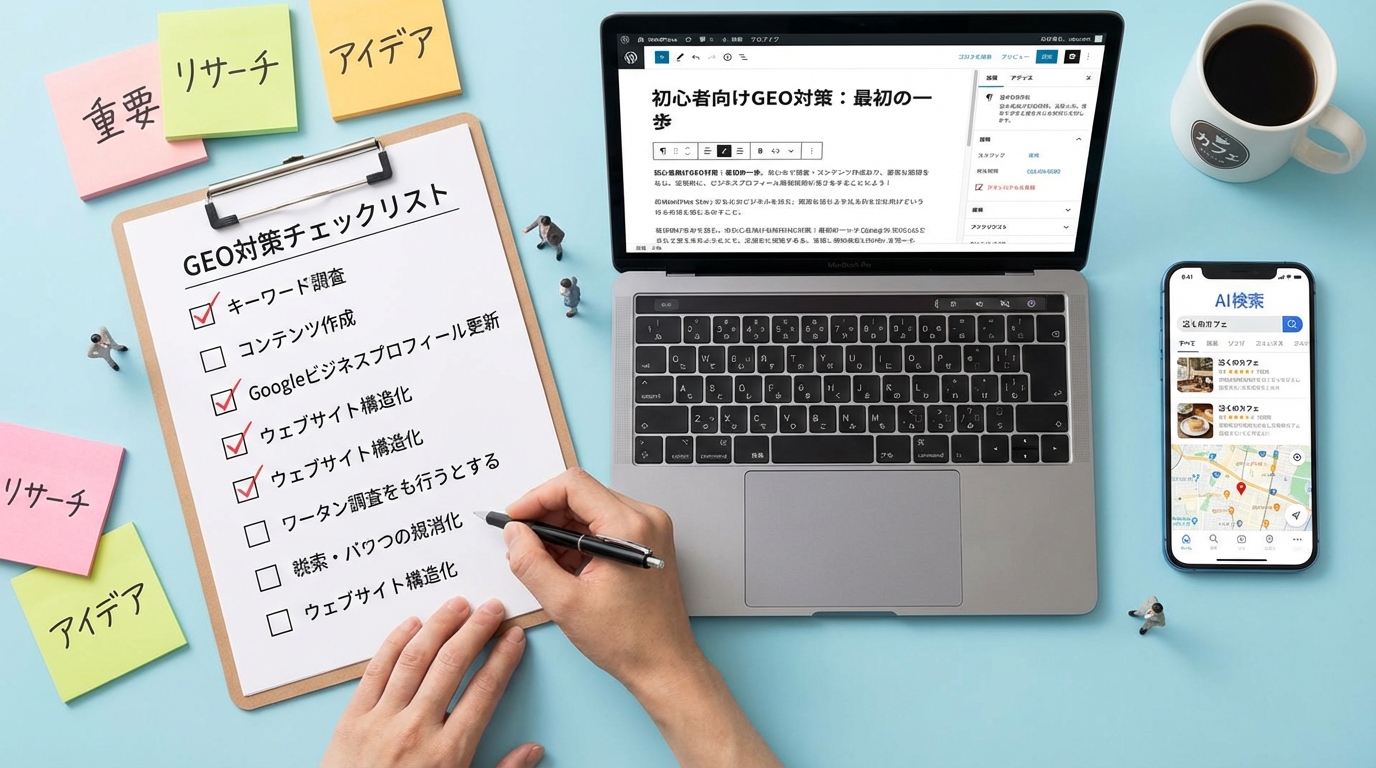 Bird's eye view of a beginner-friendly workspace with a step-by-step GEO action checklist printed on paper, laptop open to a content management system, and a cup of coffee suggesting an approachable start