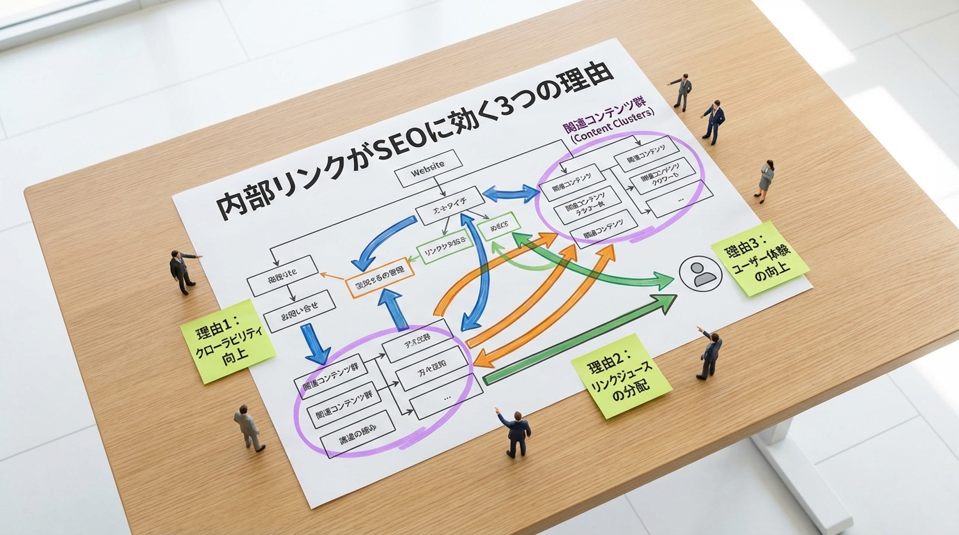 SEOにおける内部リンクの3つの効果を俯瞰で表現した写真風画像