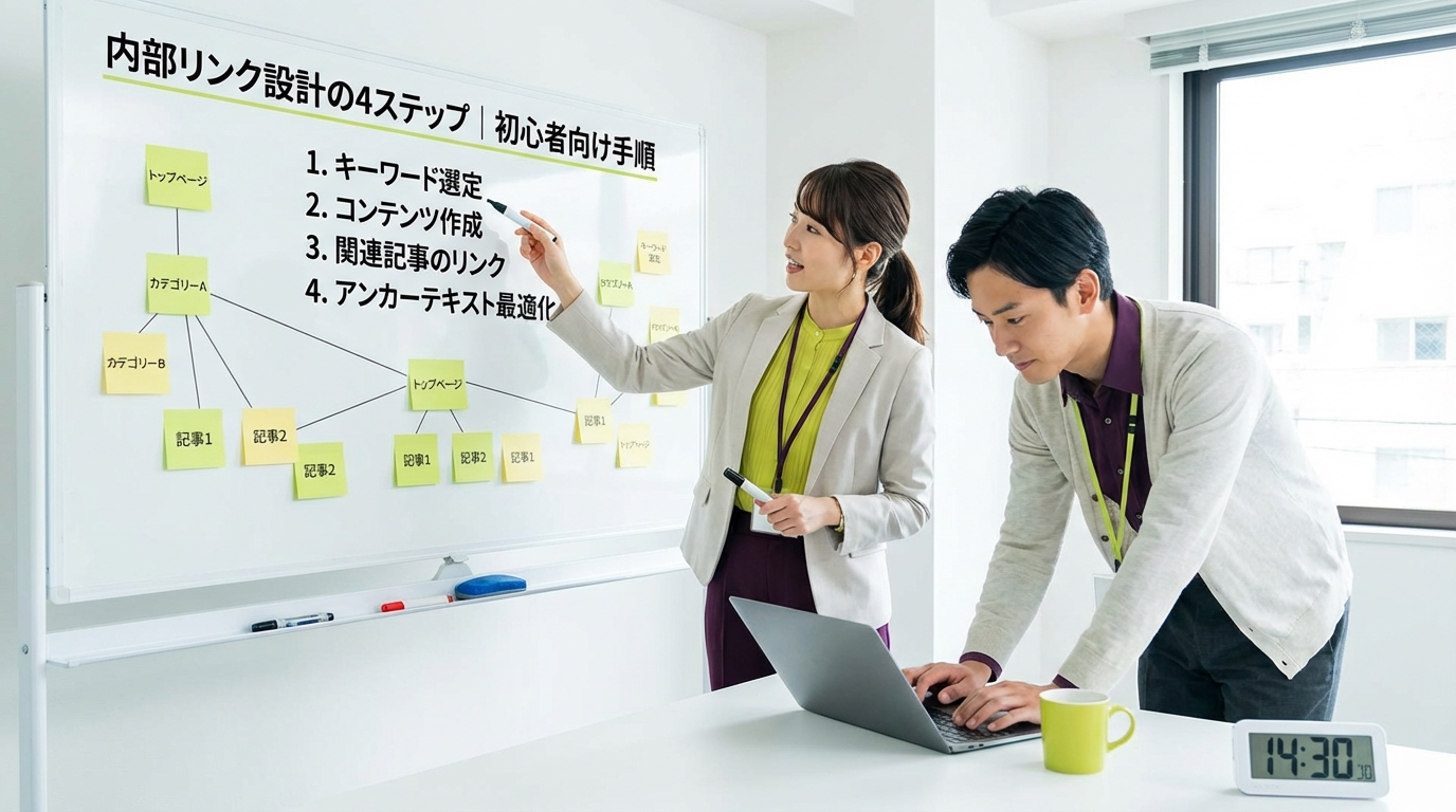 内部リンク設計の手順をチェックリスト形式で進めるチームの様子