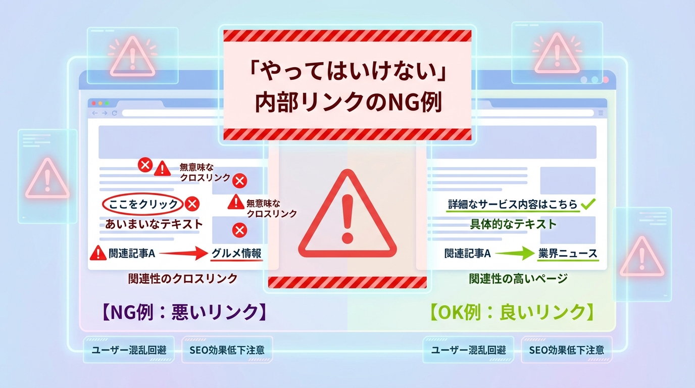 内部リンクのNG例を警告サインで示す正面視イラスト