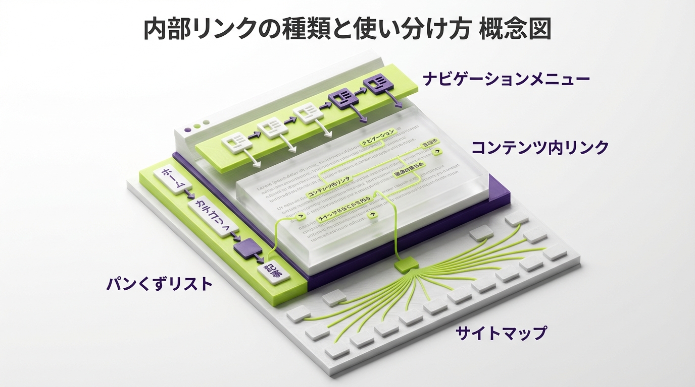 内部リンクの4種類をアイソメトリック視点で分類した写真風画像