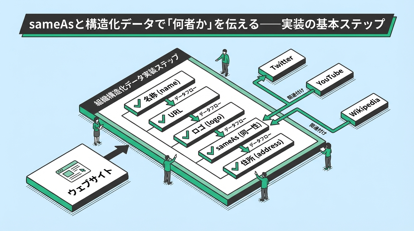 sameAsと構造化データの実装ステップをチェックリスト形式で図解