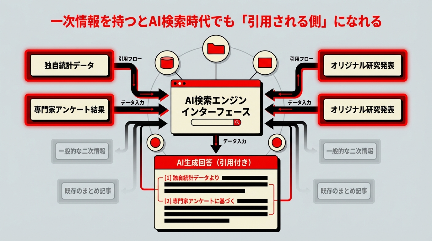 AI検索で一次情報が引用される仕組みを正面図で図解。AIがオリジナルデータを優先的に参照するフローを示す。
