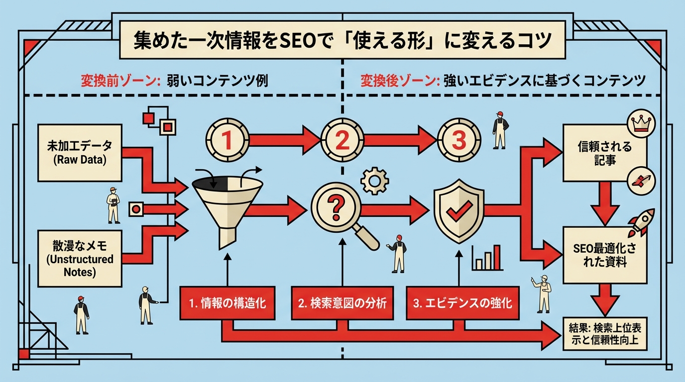 一次情報を数字・プロセス・結果の3点セットで見せる方法を俯瞰視点で図解。弱い例と強い例の変換フローを示す。