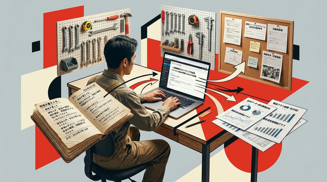 中小企業の経営者が現場の一次情報をパソコンでコンテンツ化している動的シーン。3/4ビューで奥行きを表現。