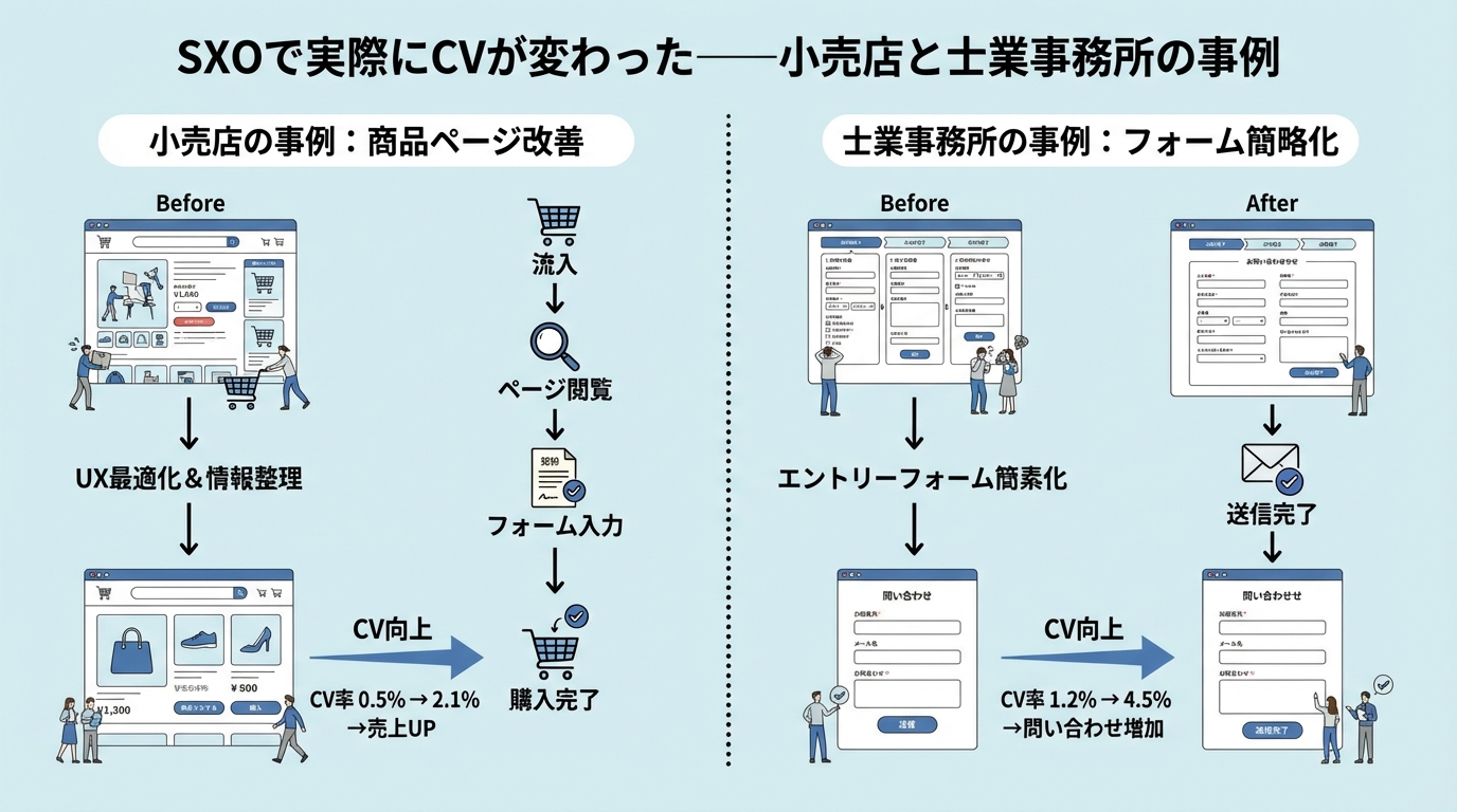 小売店と士業事務所のCV改善プロセスを示す概念図
