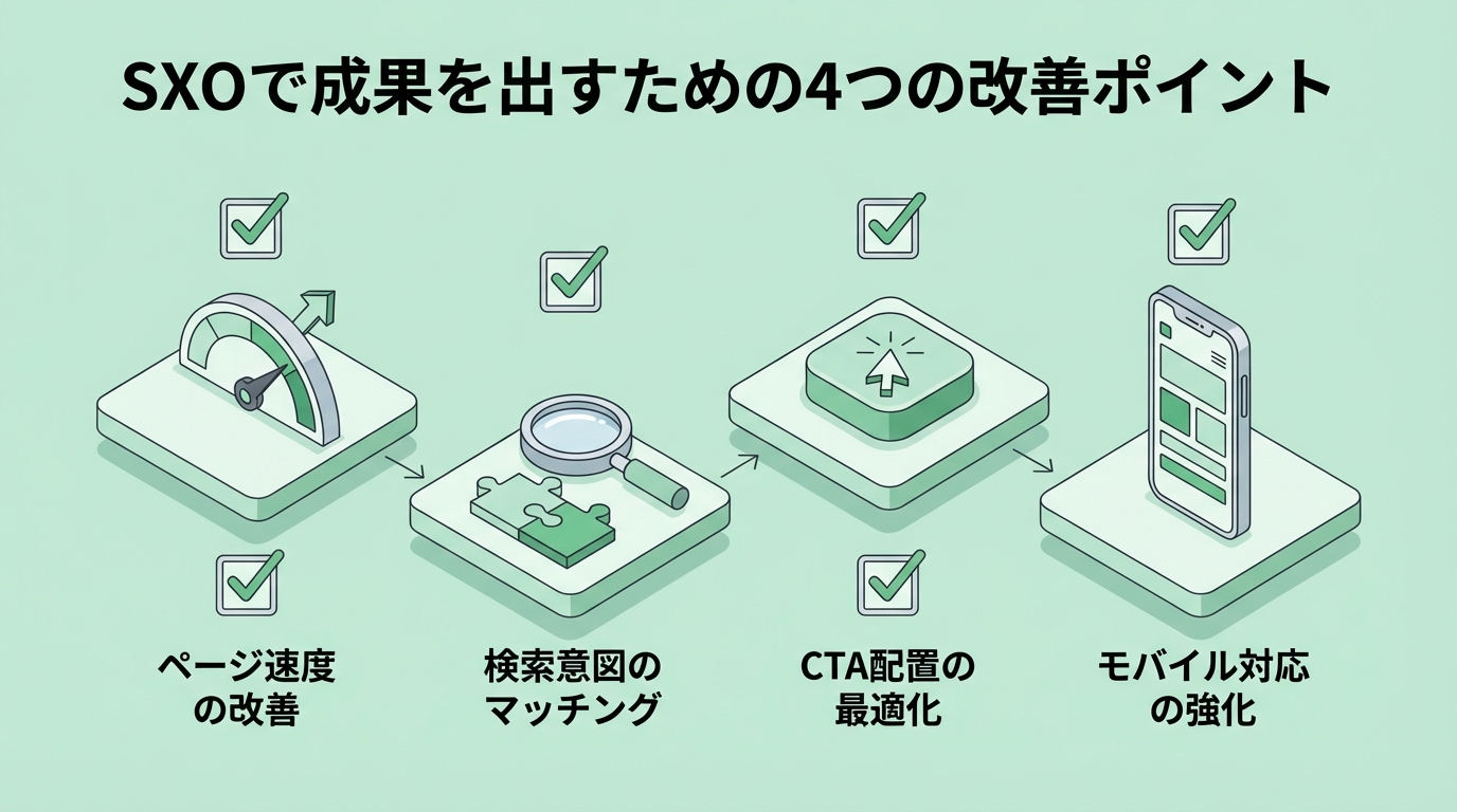 SXO改善の4つのポイントをチェックリスト形式で示す図解