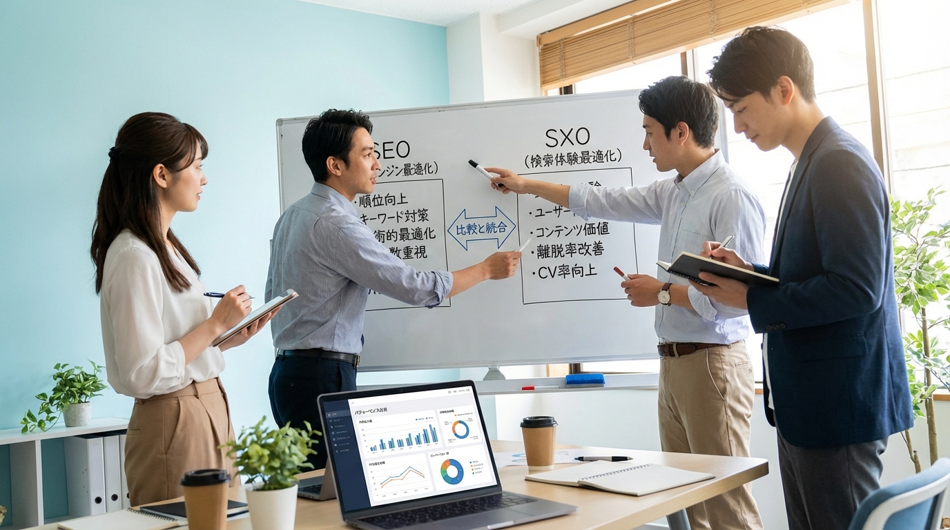 SEOとSXOの違いを議論するチームのデータ分析シーン