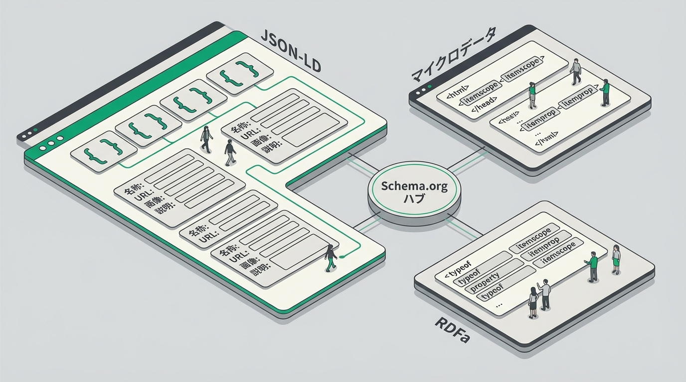 JSON-LD記述形式の構造を俯瞰で表現するイラスト