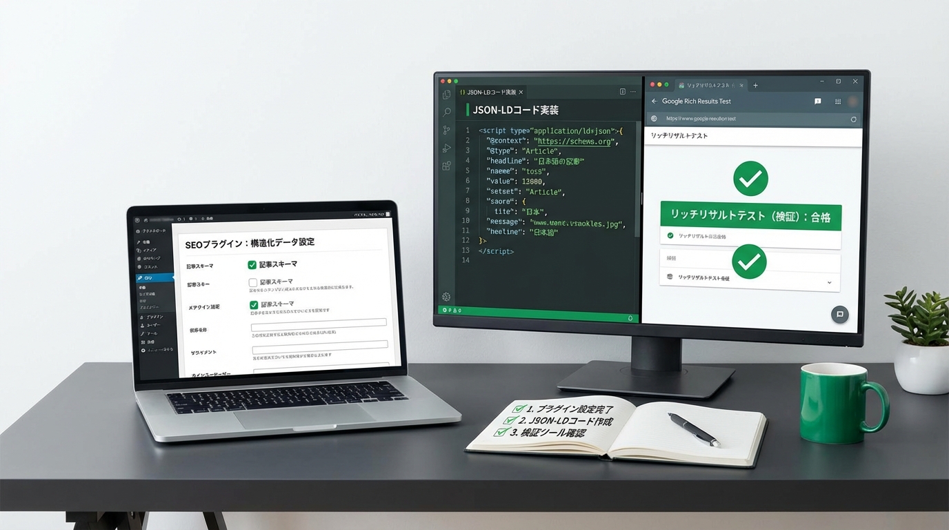 構造化データの実装作業を行うワイドショット写真