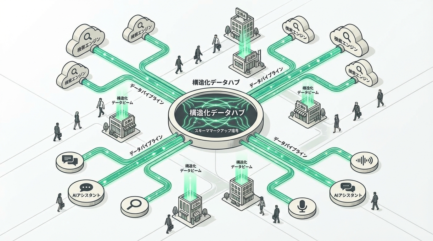 AI時代の構造化データ活用を俯瞰で描くイラスト