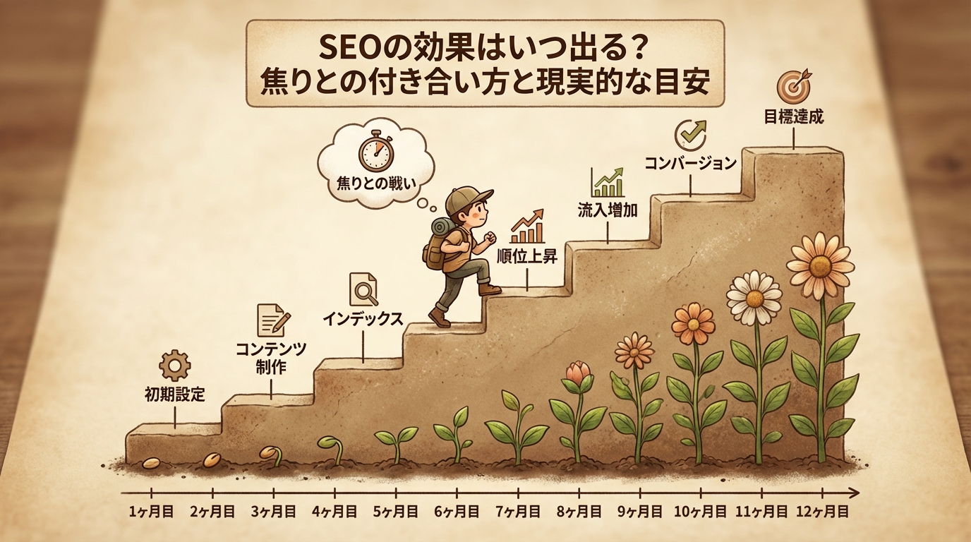 SEO効果の時間軸を示す階段型の成長曲線と待つ期間のイメージ