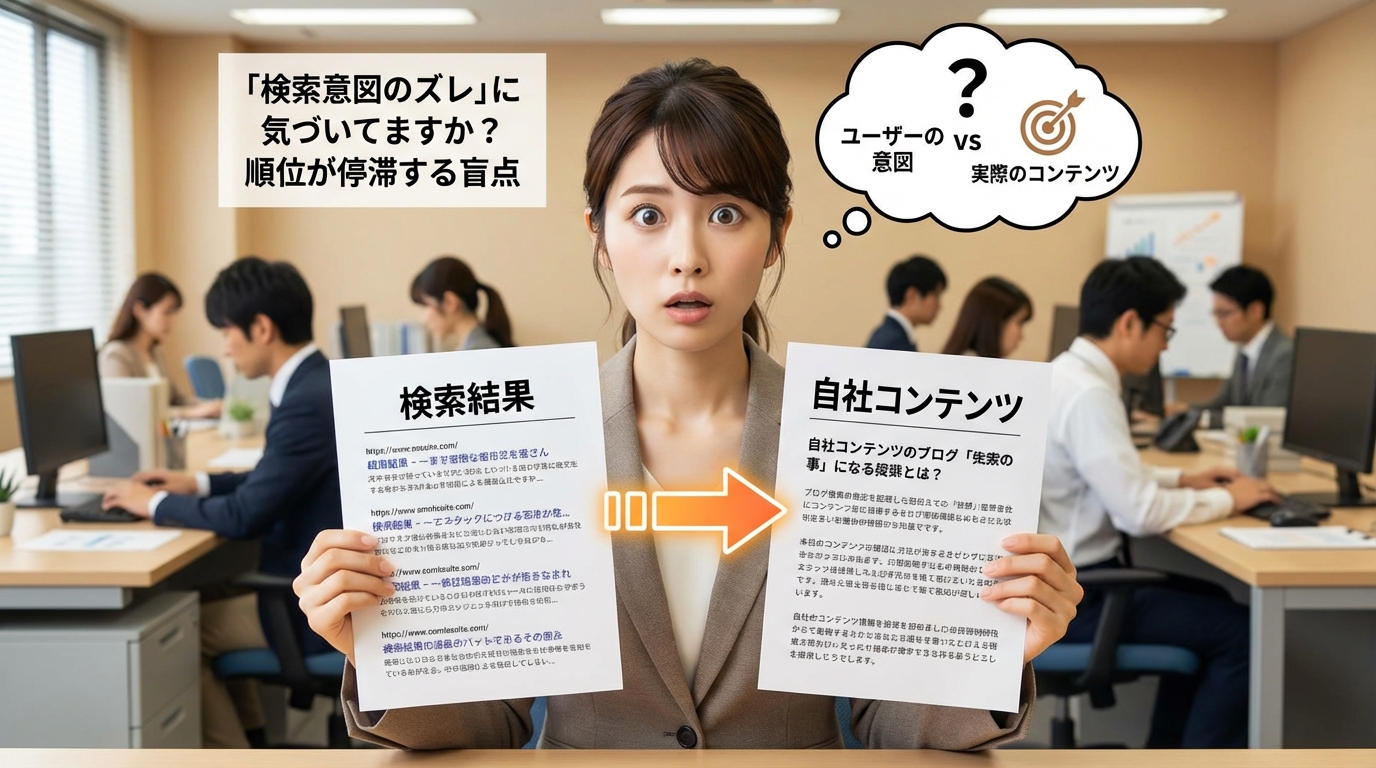 検索意図とコンテンツのギャップに気づくビジネスパーソンの正面ショット