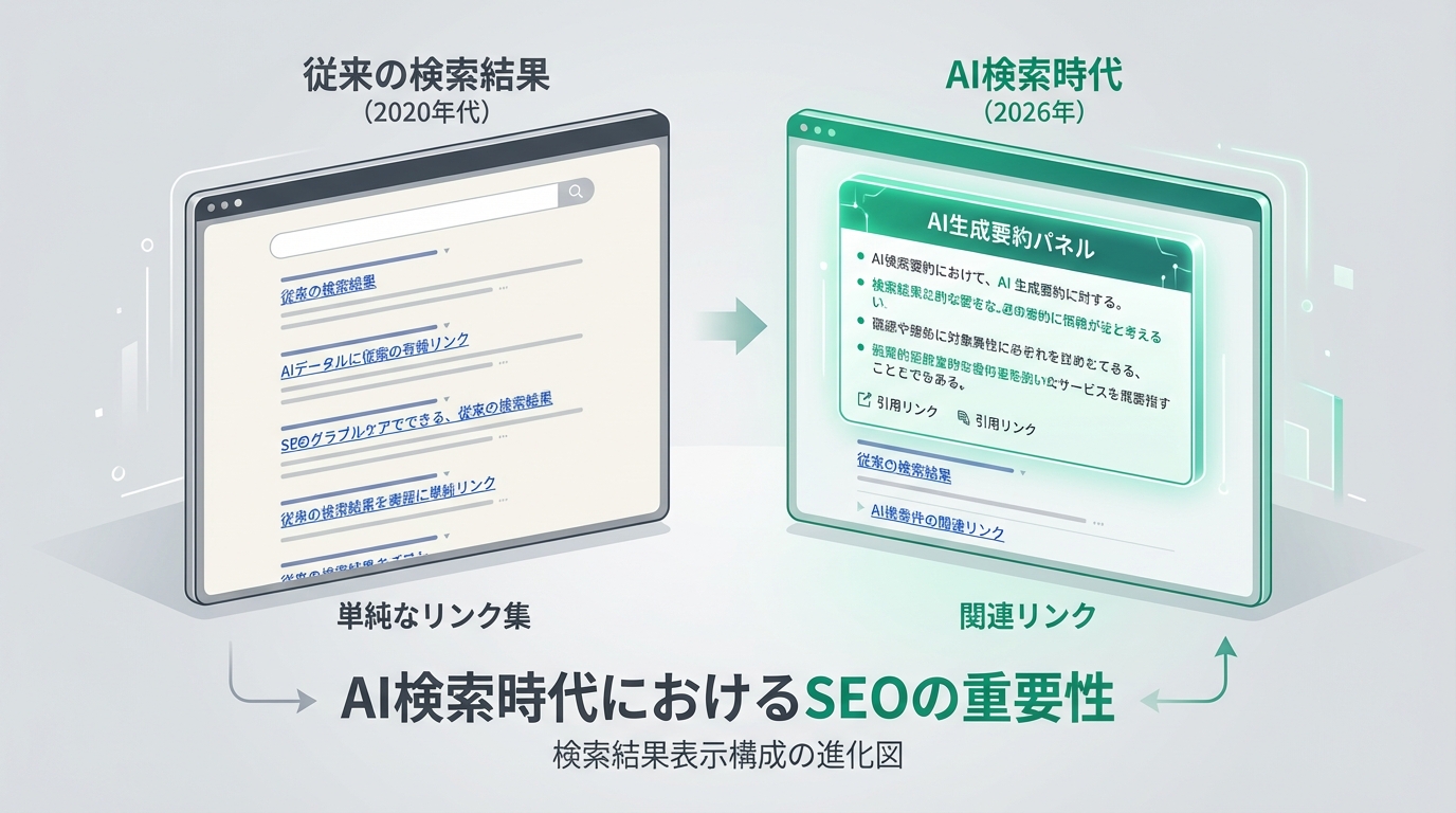 AI検索時代の検索結果画面とAI Overviewsの表示を表現
