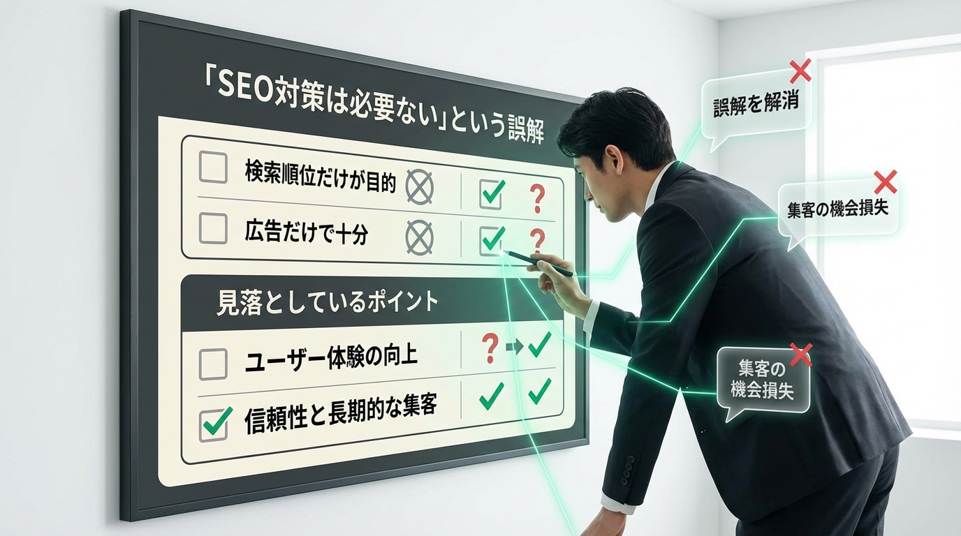SEO対策の誤解を解くためチェックリストを確認するビジネスパーソン