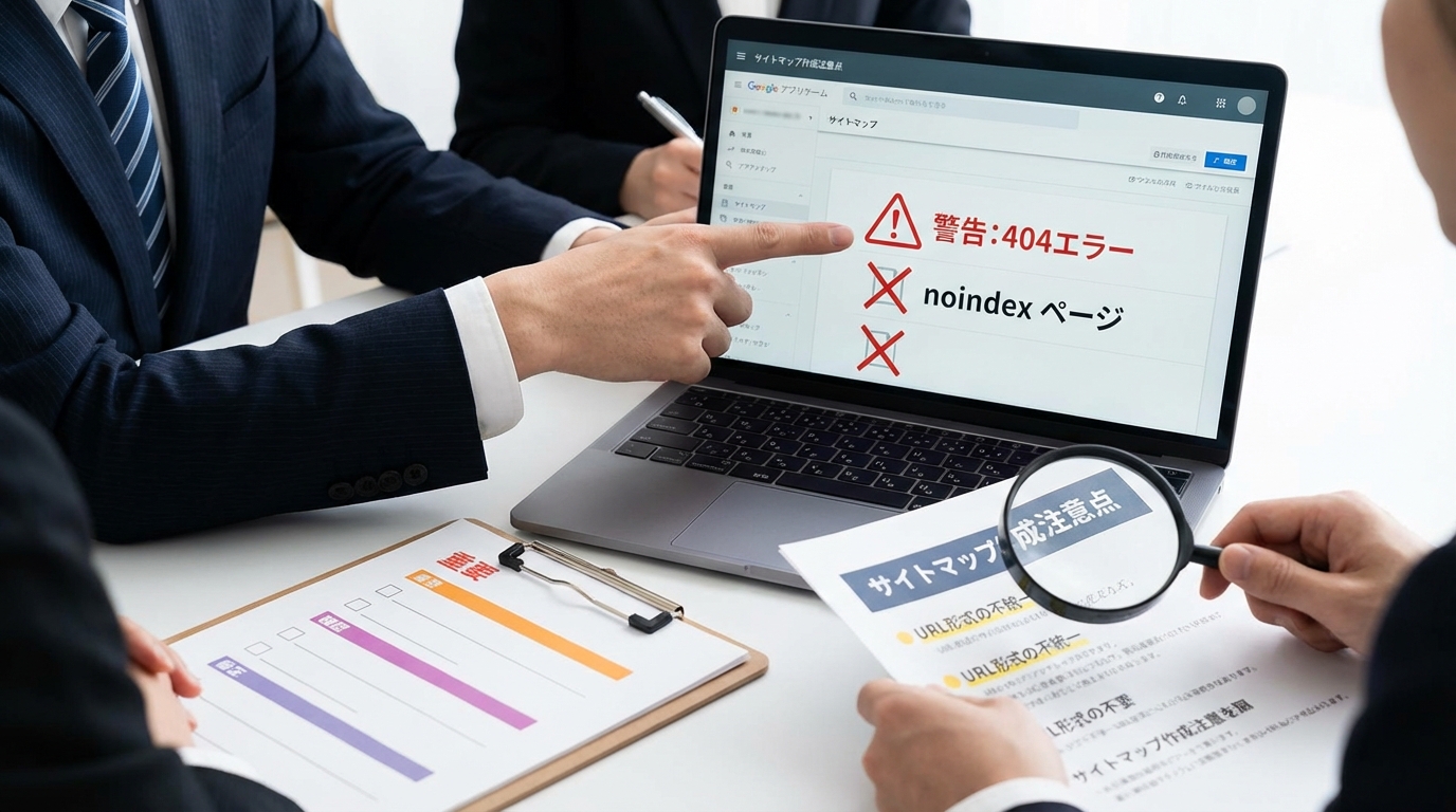 サイトマップ作成時の注意点に気づくシーンをクローズアップで表現