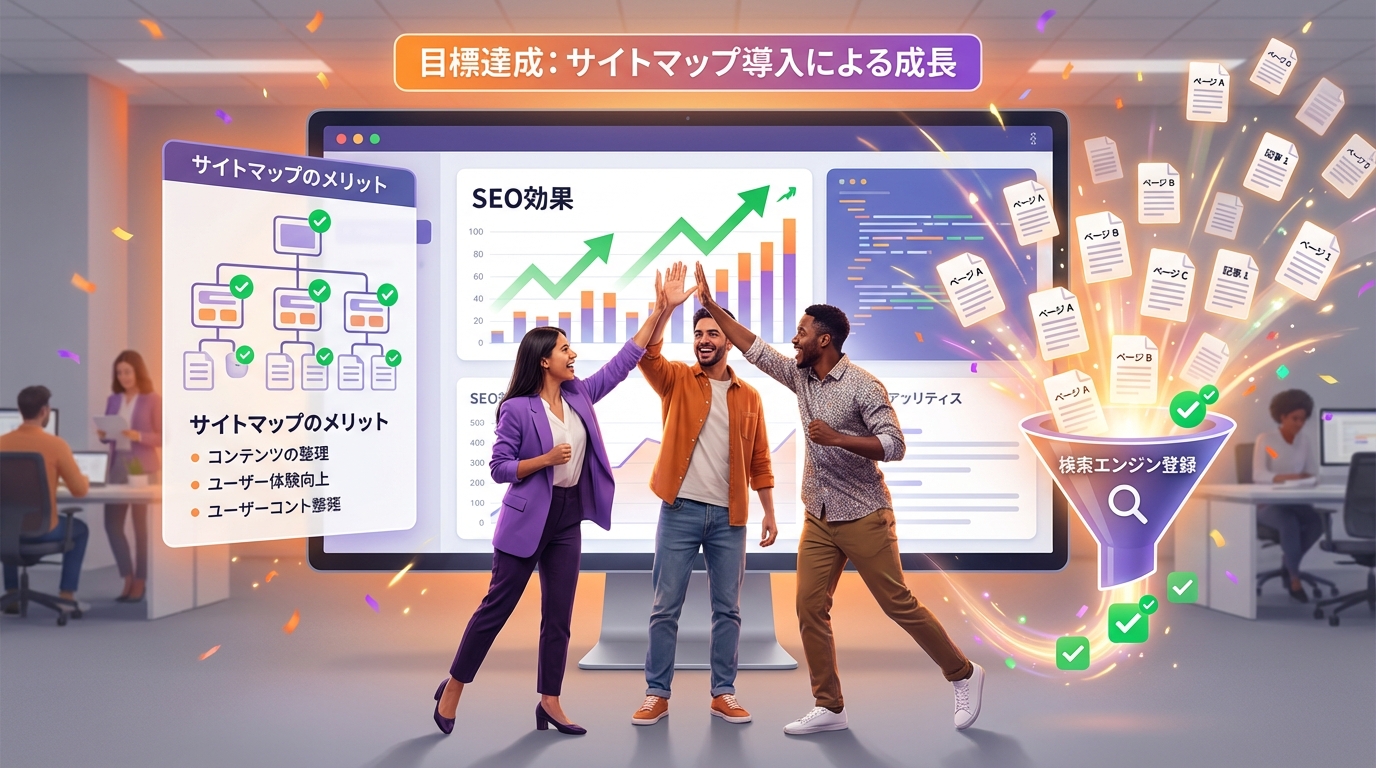 サイトマップ導入でSEO効果を得て喜ぶチームのシーン