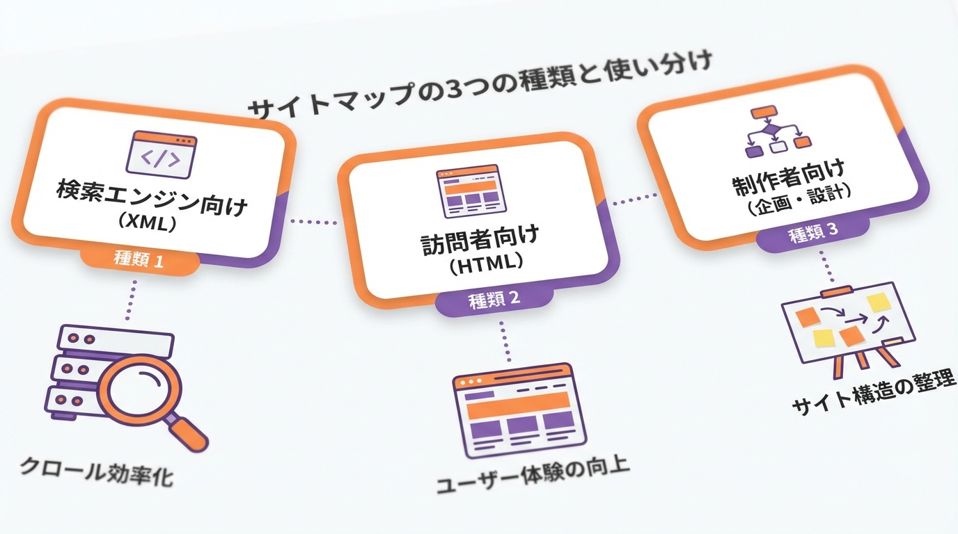3種類のサイトマップの違いを概念図で表現。XML・HTML・構成図を対象者別に整理