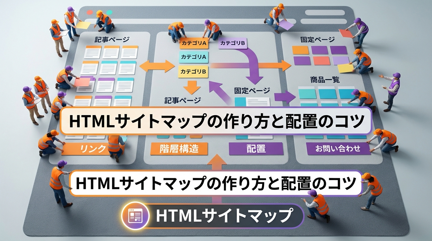 HTMLサイトマップをサイトに配置する作業を俯瞰で描いた人物シーン