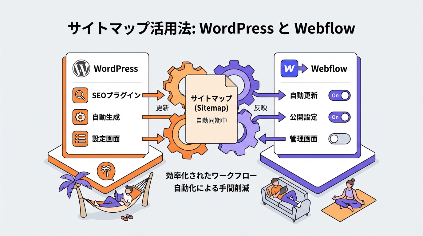 WordPressとWebflowでサイトマップを自動管理する概念を俯瞰イラストで表現