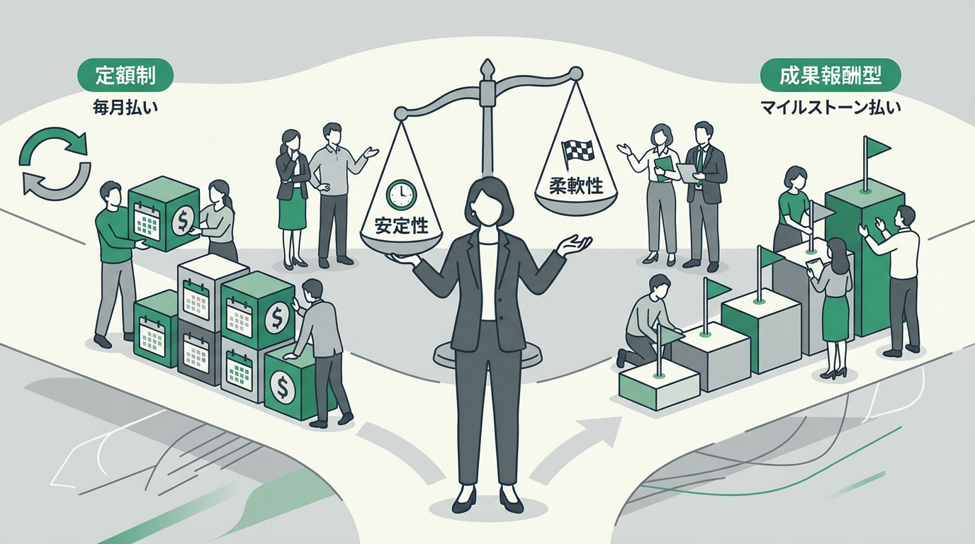 料金体系の違いを天秤で比較検討する経営者のシーン。月額固定型と成果報酬型の選択を視覚化