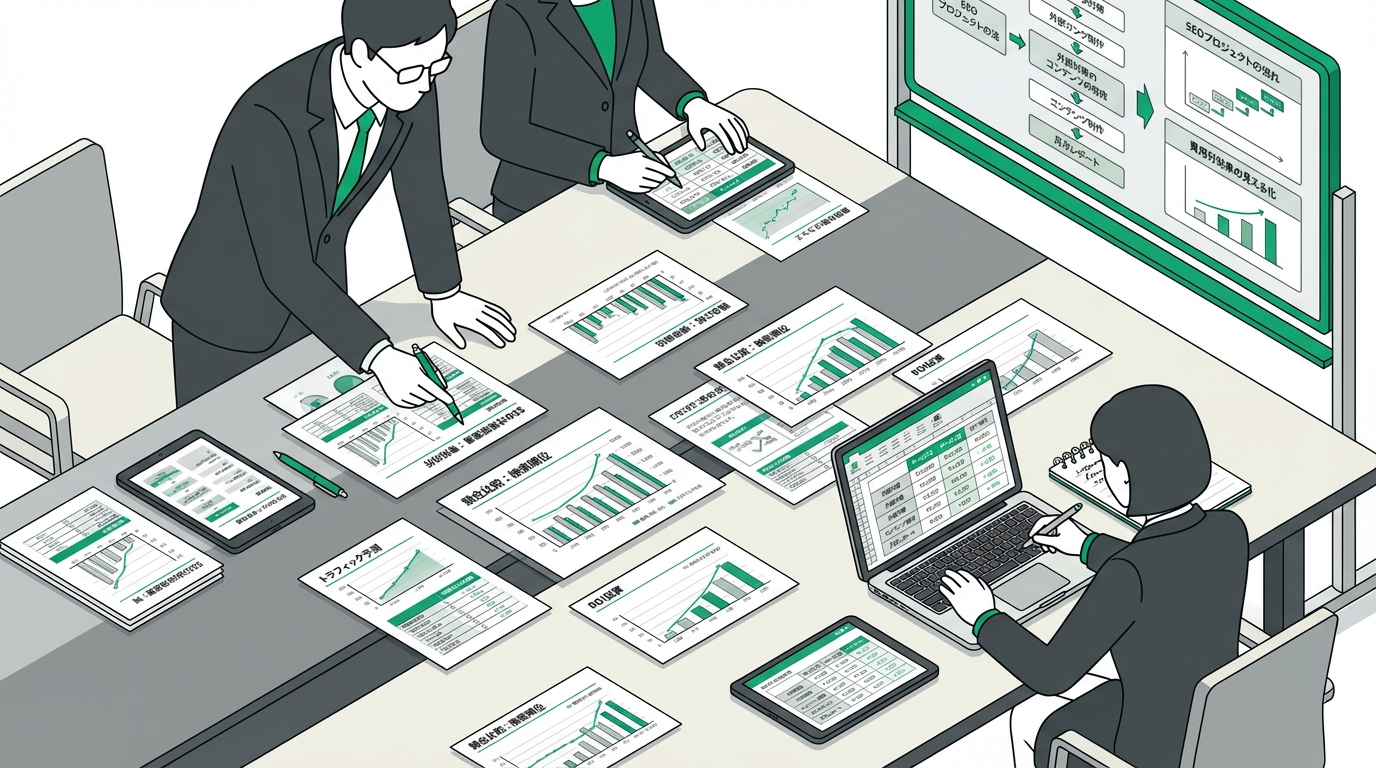 SEO見積もりの比較検討を行うビジネスパーソンのシーン。複数の提案書を並べて中身を照合している動的な場面