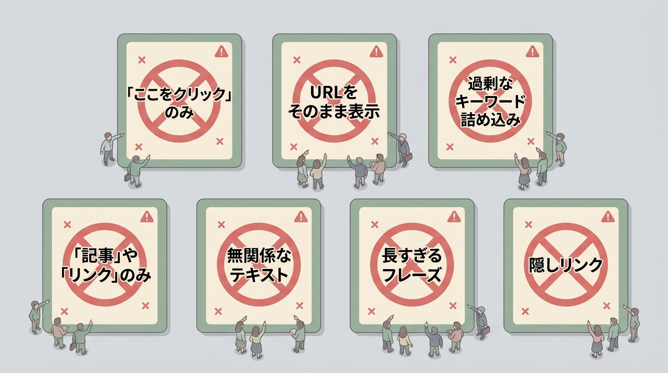 Bird's eye view illustration of seven warning cards arranged in a grid showing common anchor text mistakes with red X marks