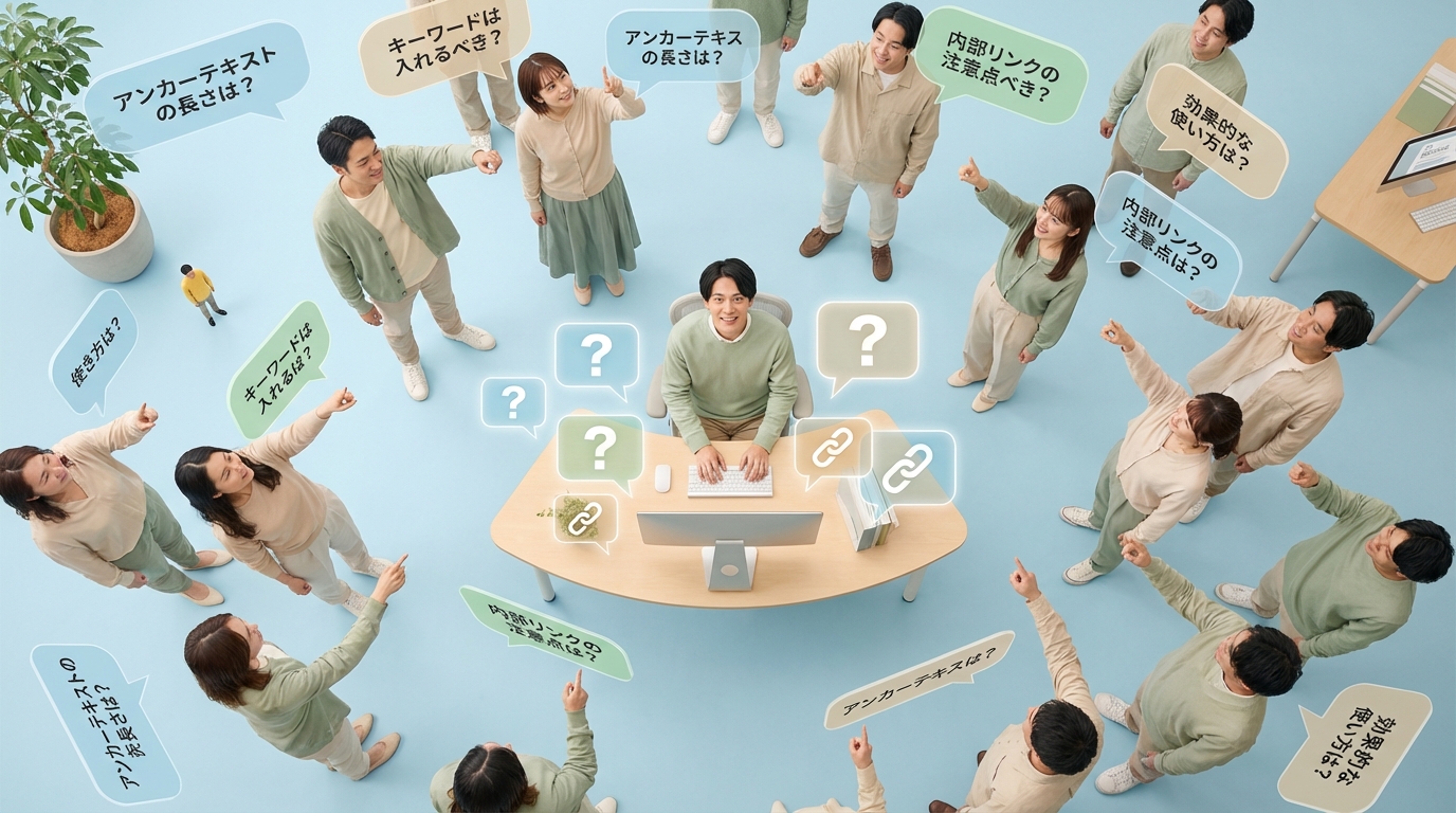 Bird's eye view of a person surrounded by floating FAQ speech bubbles about anchor text topics