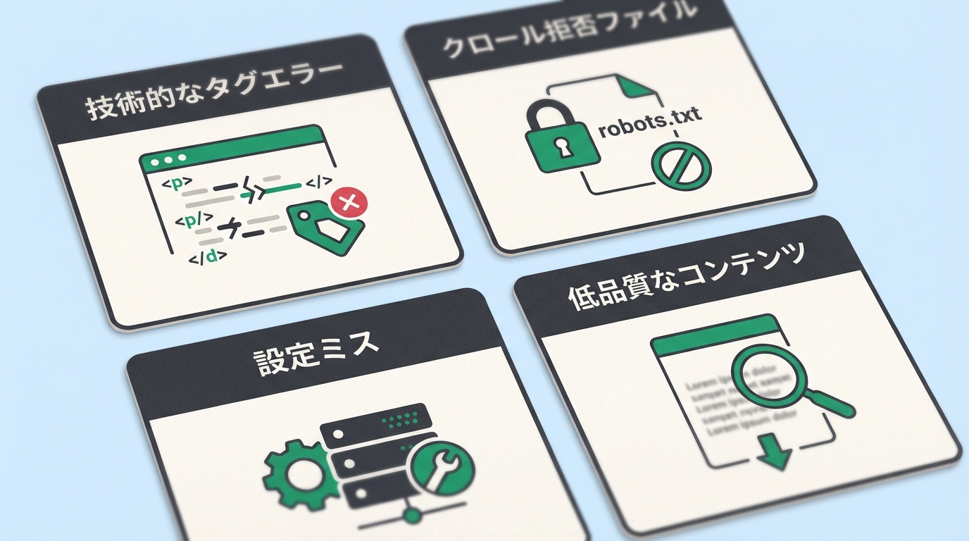 noindex・robots.txt・canonical・コンテンツ品質の4大原因をカード形式で分類したイラスト