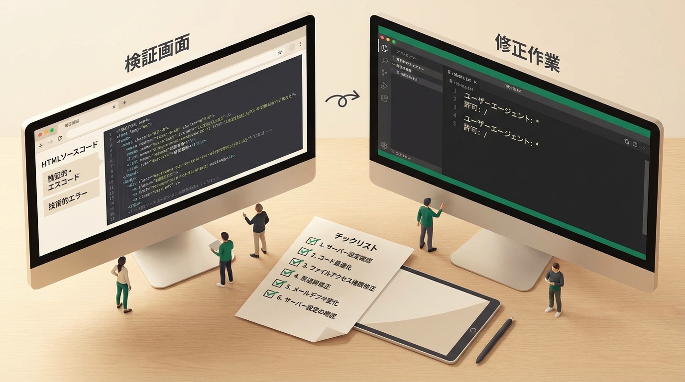 技術者がHTMLソースコードを確認しながらnoindexタグやrobots.txtを修正している俯瞰シーン