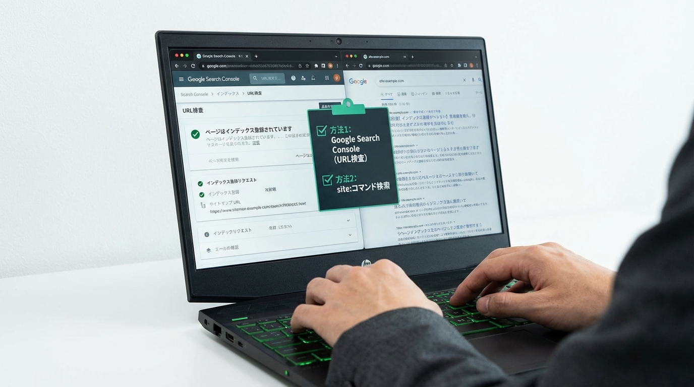 Search ConsoleのURL検査画面とsite:コマンドの検索結果を確認している作業シーン