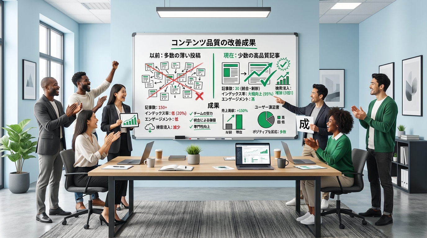 建設業のWebサイト改善前後の成果を喜ぶチームのワイドショット