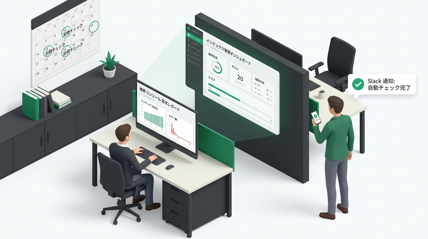Search Consoleの月次チェックと自動化通知の仕組みを運用するチームのアイソメトリック図