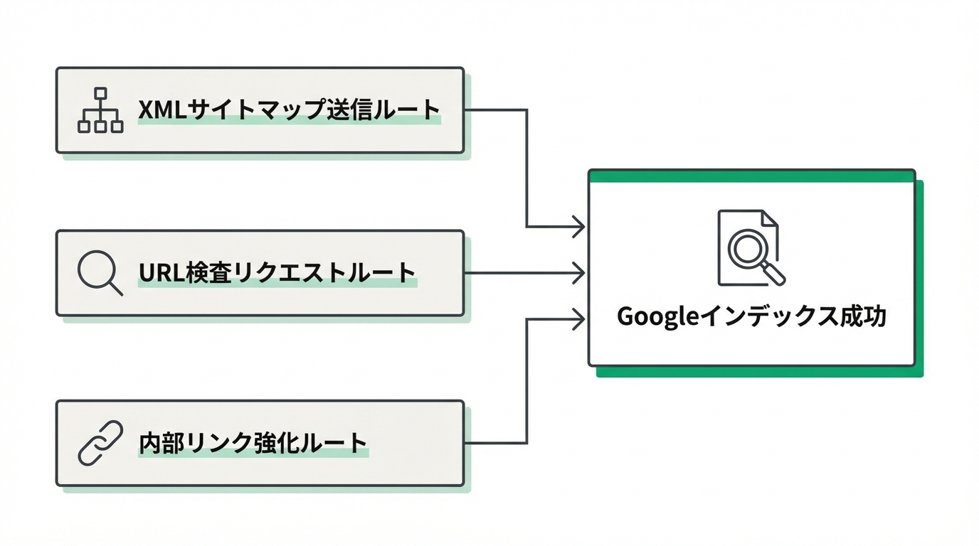 XMLサイトマップ送信・URL登録リクエスト・内部リンク強化の3施策フロー図