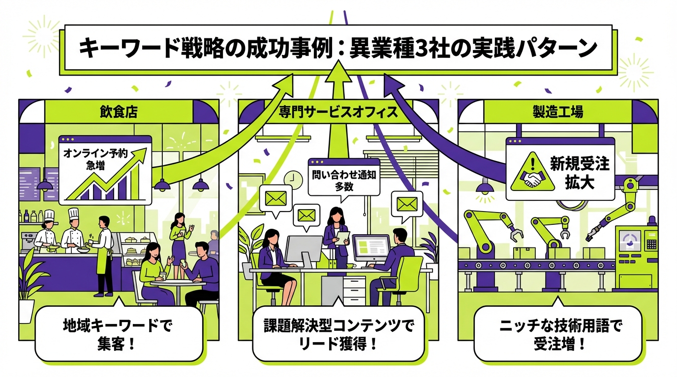 異業種3社のキーワード戦略成功を描いた結果シーン