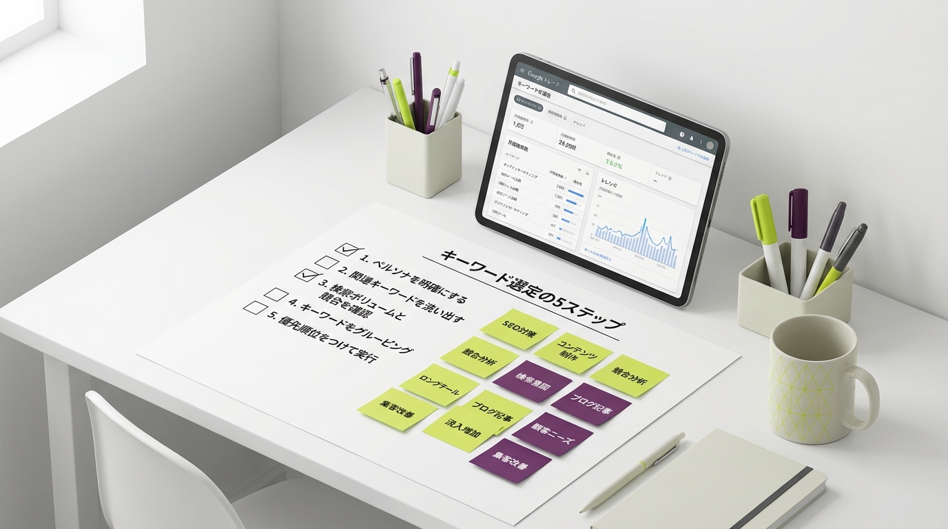 キーワード選定5ステップを示すチェックリストとワークスペース