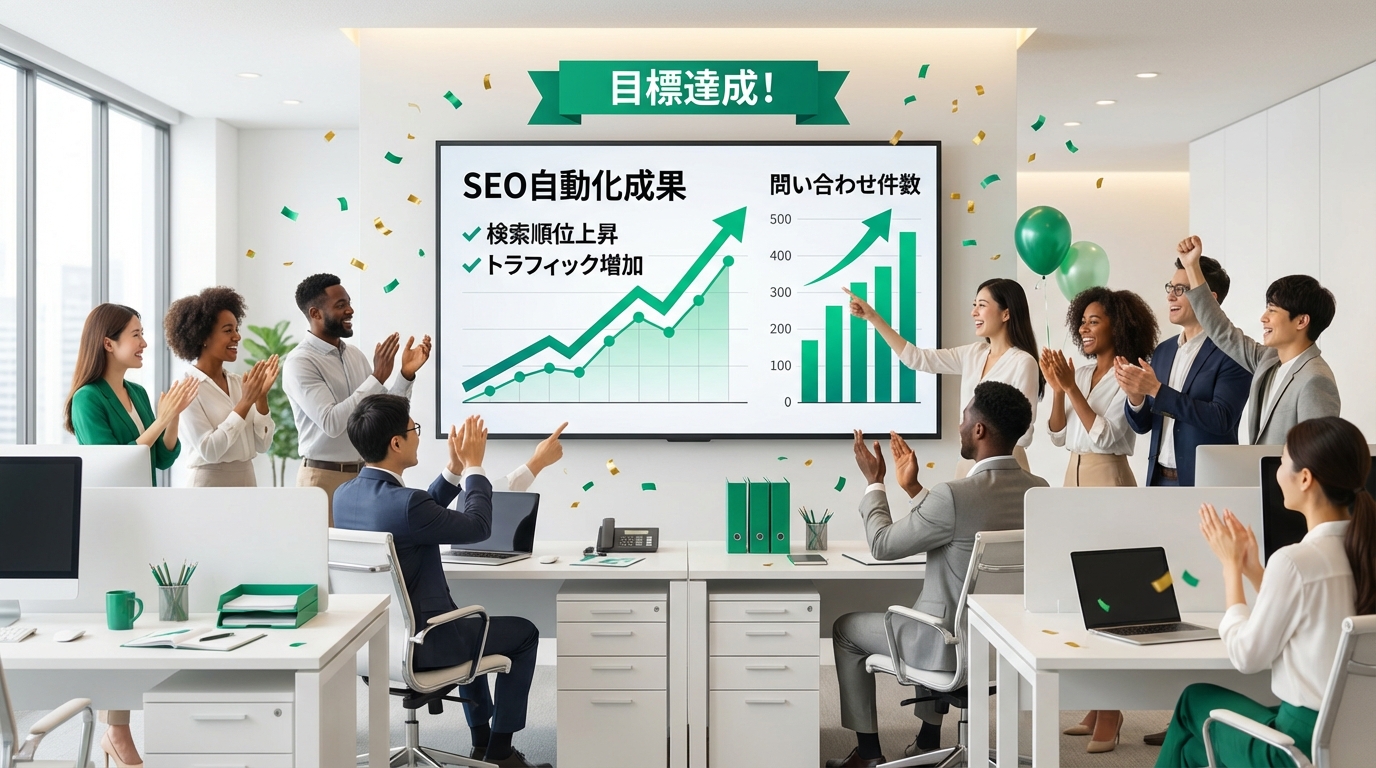 SEO自動化ツールの導入事例で成果を達成した場面。正面視点で成功の瞬間を描写。