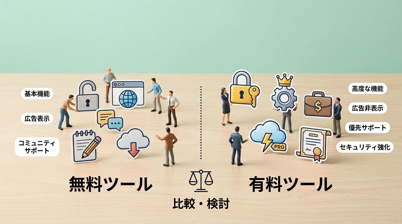 無料ツールと有料ツールの選択を検討する場面。俯瞰視点で比較検討のシーンを描写。
