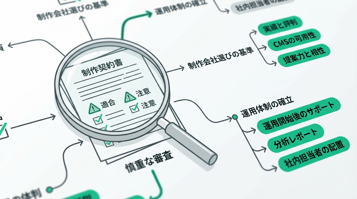 制作会社選びと運用体制づくりのチェックポイントを示す概念図。警告マークと確認項目がクローズアップで描かれる。