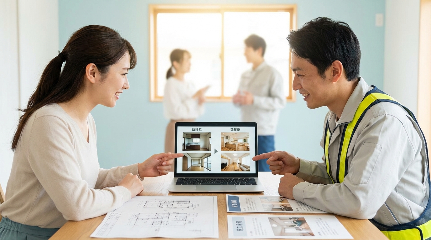 建設会社の担当者がパソコン画面で施工事例ページを確認しながら顧客と対話するシーン。