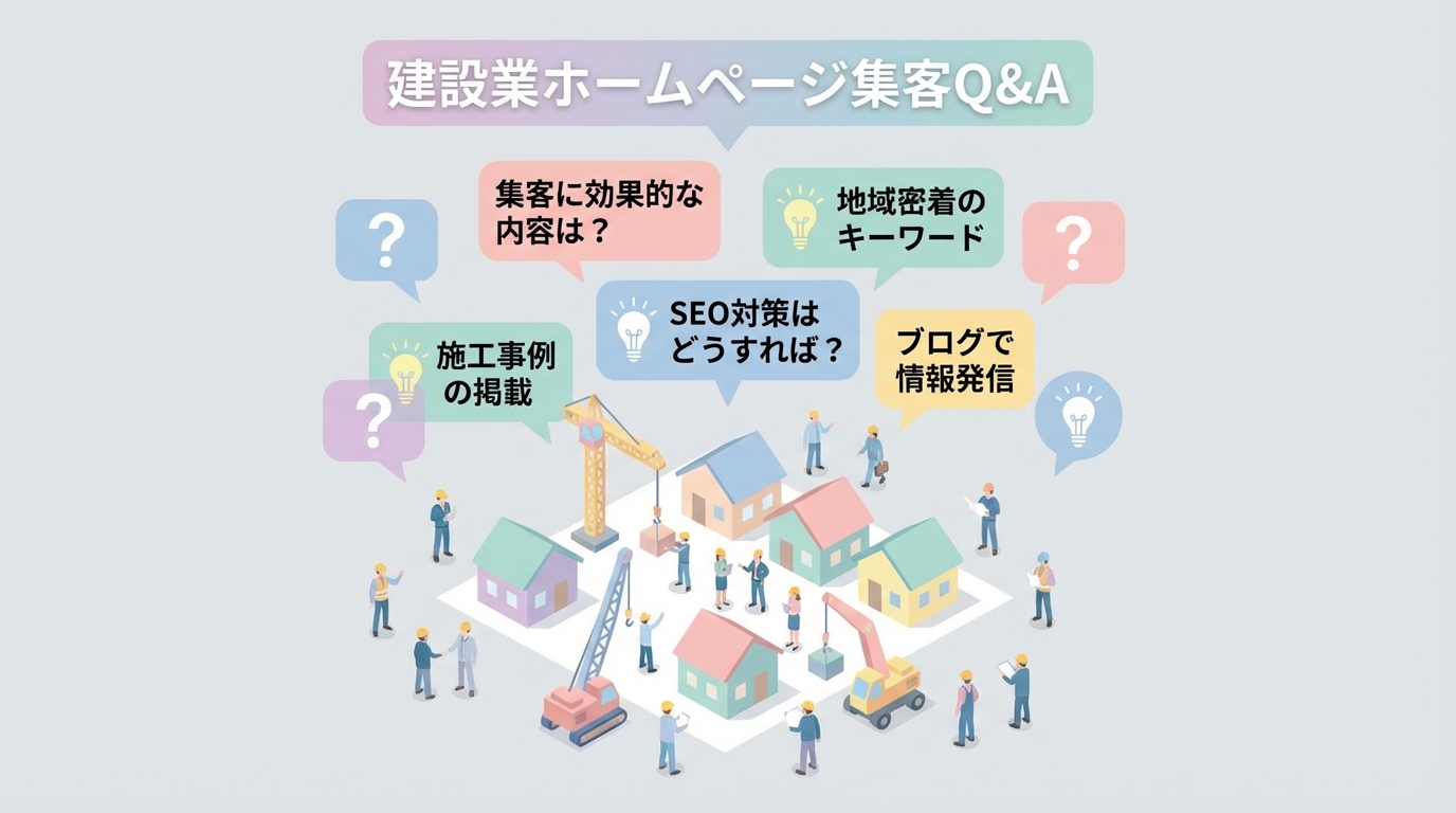 建設業ホームページ集客に関するQ&Aを俯瞰で表現したイラスト。複数の吹き出しアイコンが建設現場のミニチュア上に浮かぶ。