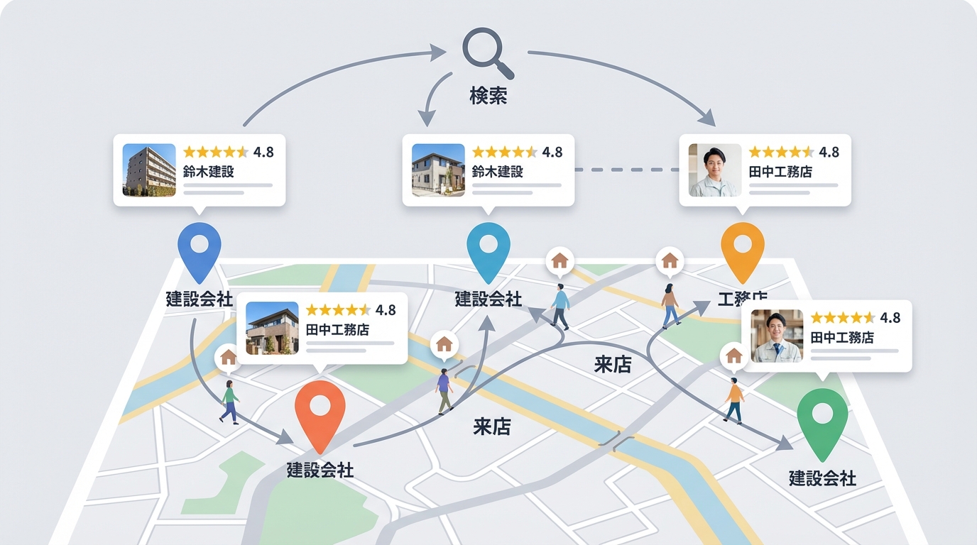 Googleビジネスプロフィールを活用した地域集客の仕組みを俯瞰で表現したイラスト。地図上にピンが立ち、建設会社のプロフィールカードが浮かぶ。