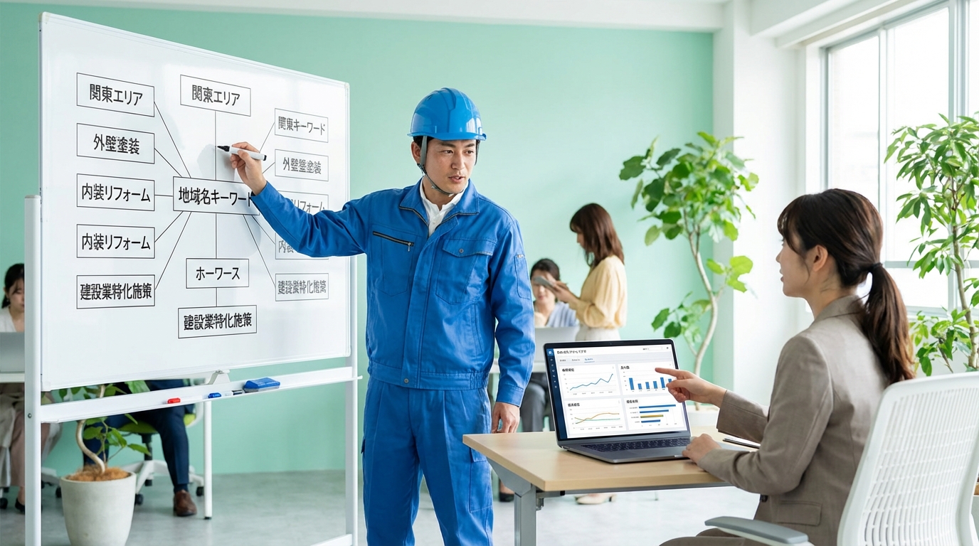 建設業のSEO対策として地域キーワードを調査するシーン。作業服姿の担当者がホワイトボードにキーワードマッピングを書き込む。